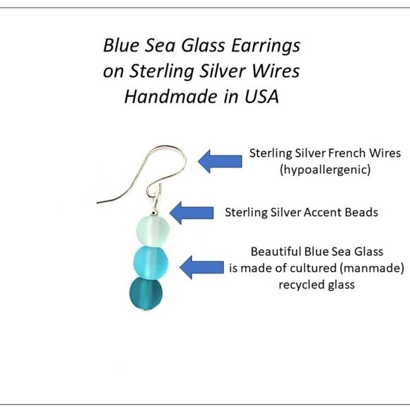 Sea Glass Earrings Blue Sterling Silver Hypoallergenic Wires Gifts for Women - Picture 2 of 8